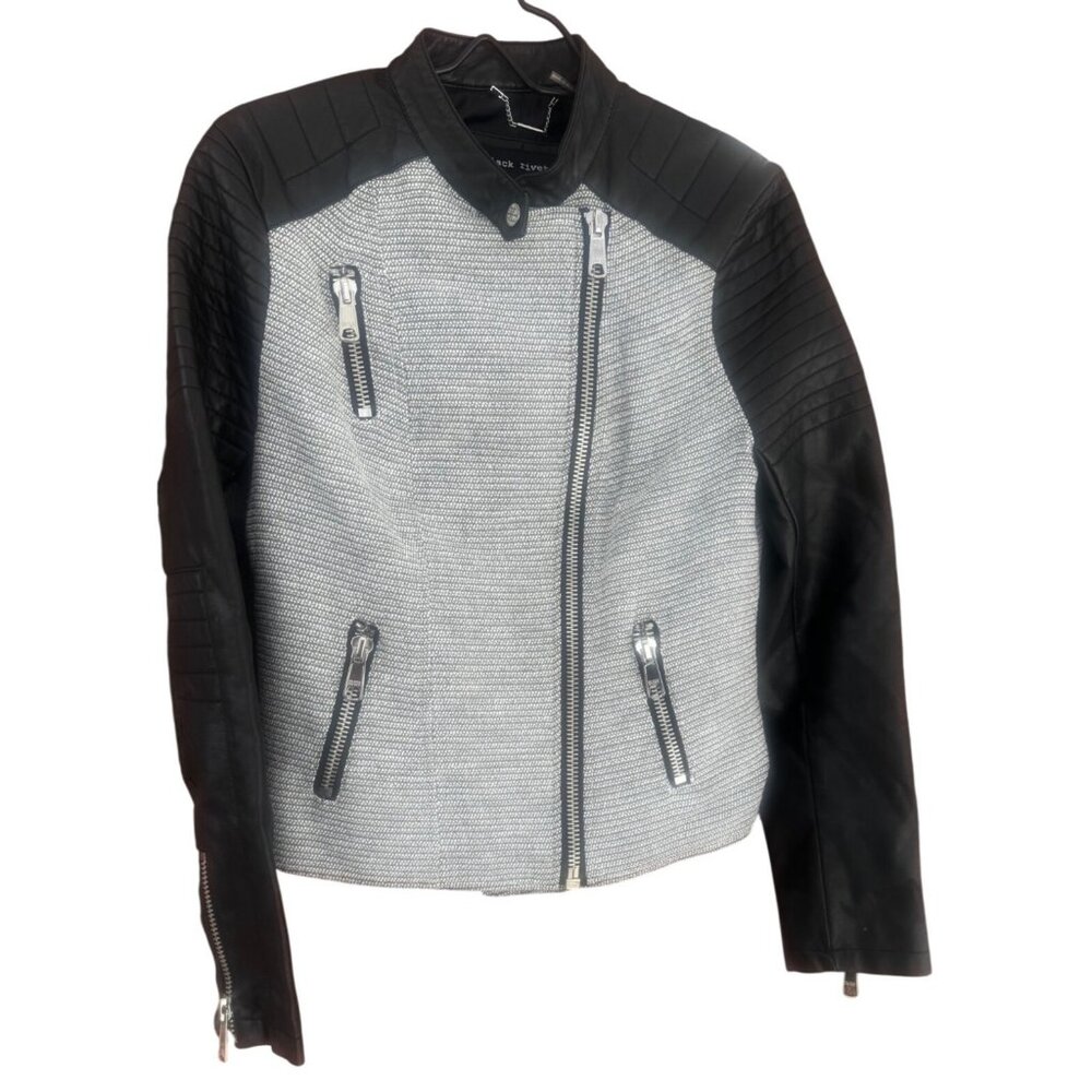 Black Rivet Womens Moto Jacket Medium Faux Leather & Tweed Gray W/ Metal Zipper